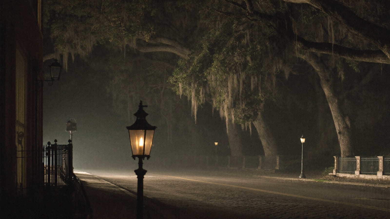 A moss-draped street in the historic district at night, fog settling low over the pavement while a lone gas lamp throws warm amber light through the oaks.